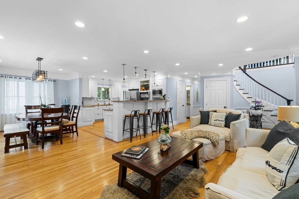 Dining room, Interior, Kitchen, Living room, Pendant Lights, Recessed Lighting, Stainless Steel Appliances, Wood Texture Flooring