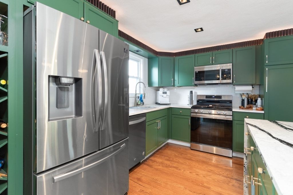 Interior, Kitchen, Recessed Lighting, Stainless Steel Appliances, Wood Texture Flooring