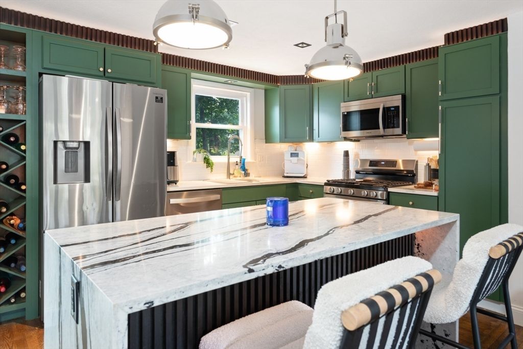 Interior, Kitchen, Pendant Lights, Stainless Steel Appliances, Wood Texture Flooring
