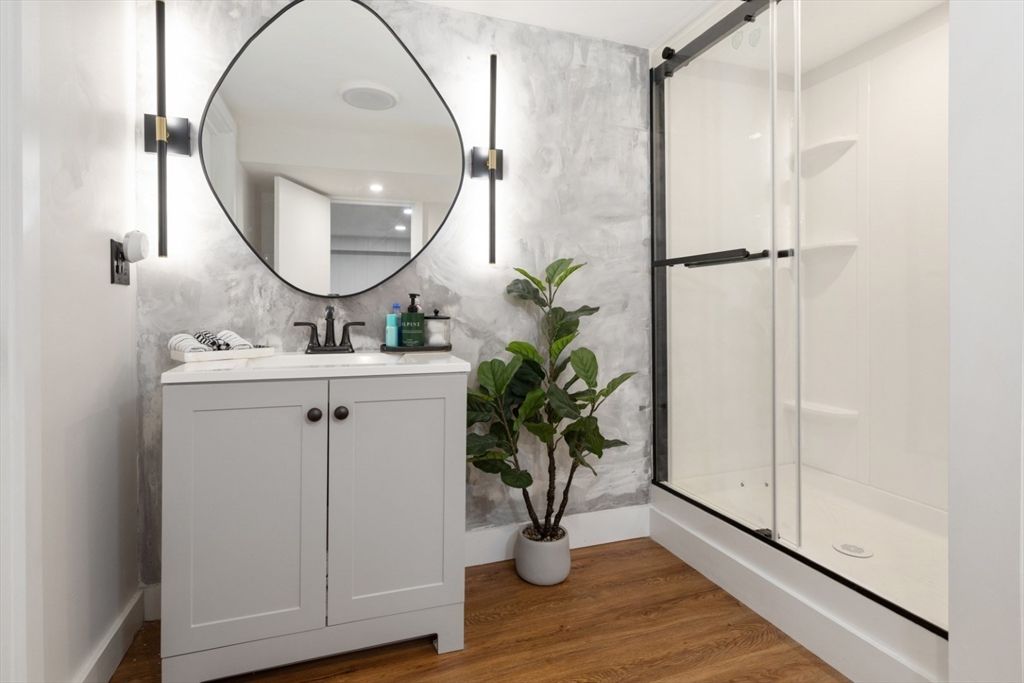 Bathroom, Glass Shower, Interior, Wood Texture Flooring