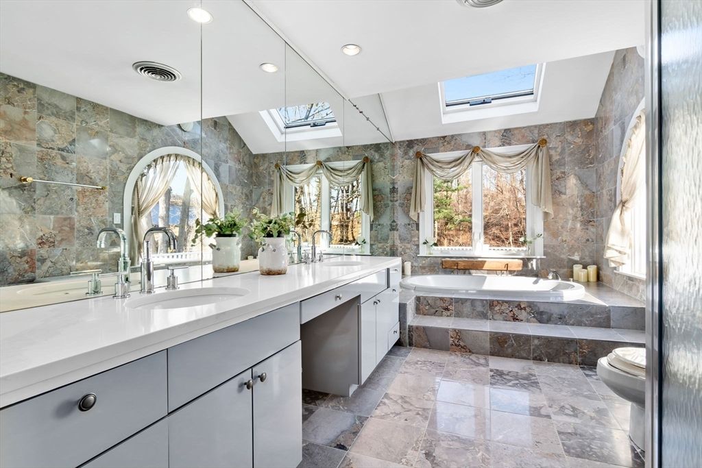 Bathroom, Dual Sink Vanities, Interior, Recessed Lighting, Stone Walls
