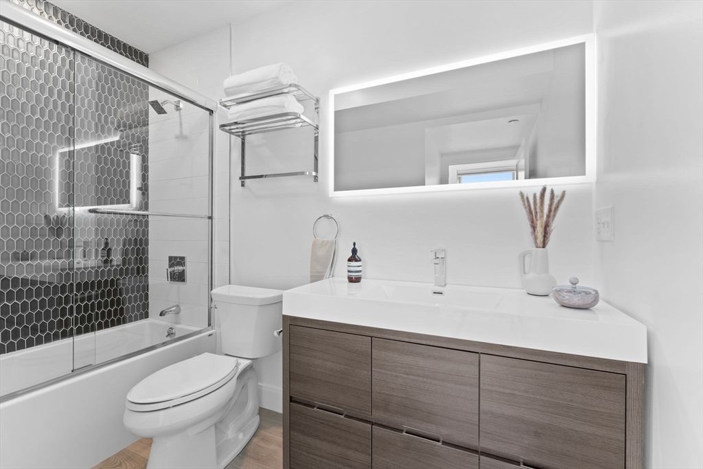 Bathroom, Glass Shower, Interior, Wood Texture Flooring
