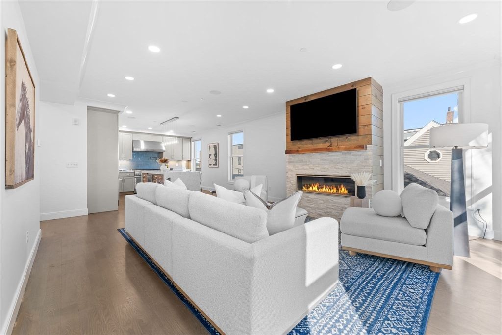 Fireplace, Interior, Kitchen, Living room, Pendant Lights, Recessed Lighting, Wood Texture Flooring
