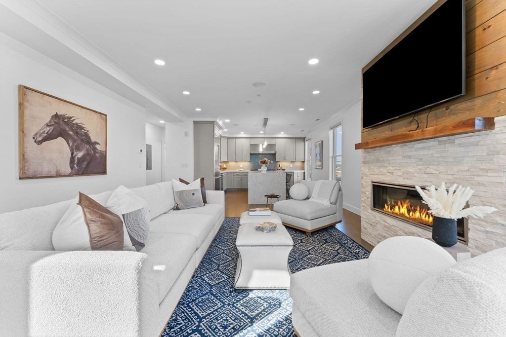 Fireplace, Interior, Kitchen, Living room, Pendant Lights, Recessed Lighting, Stone Walls