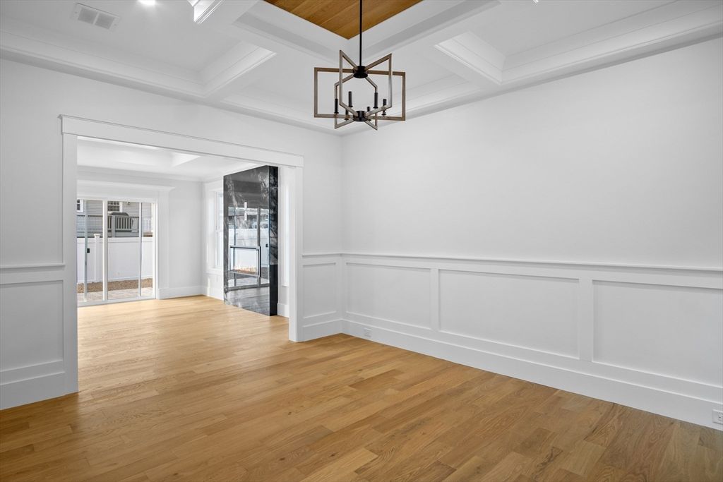 Empty room, Interior, Pendant Lights, Recessed Lighting, Wood Texture Flooring