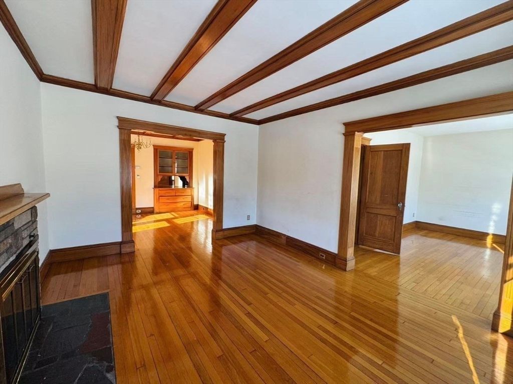 Empty room, Fireplace, Interior, Wooden Beams, Wood Texture Flooring