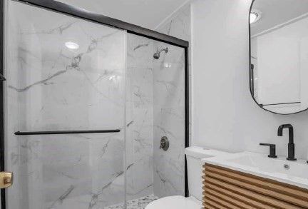 Bathroom, Glass Shower, Interior, Marble Walls, Recessed Lighting