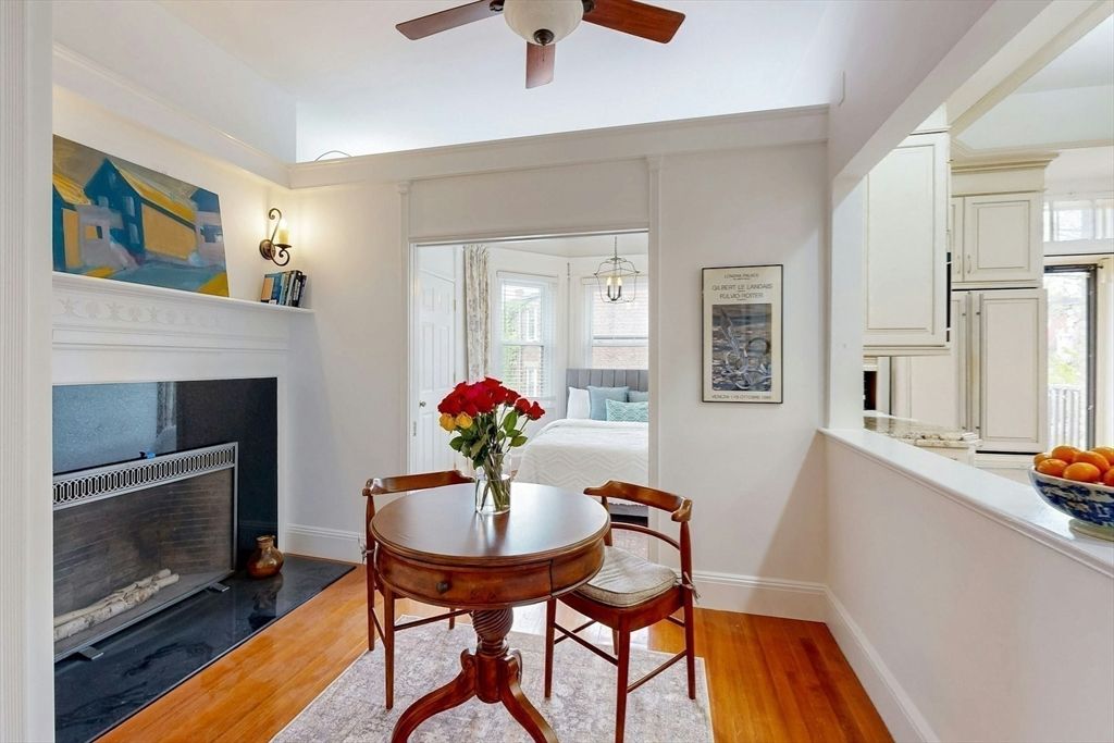 Dining room, Fireplace, Interior, Pendant Lights, Wood Texture Flooring