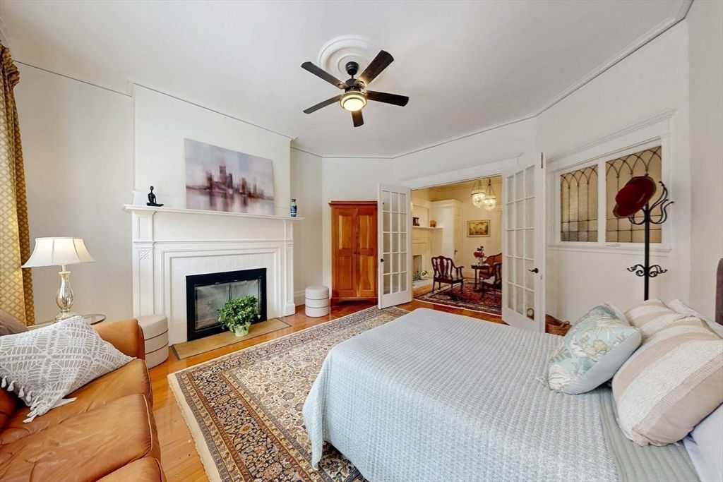 Bedroom, Chandelier, Dining room, Fireplace, Interior, Pendant Lights, Wood Texture Flooring