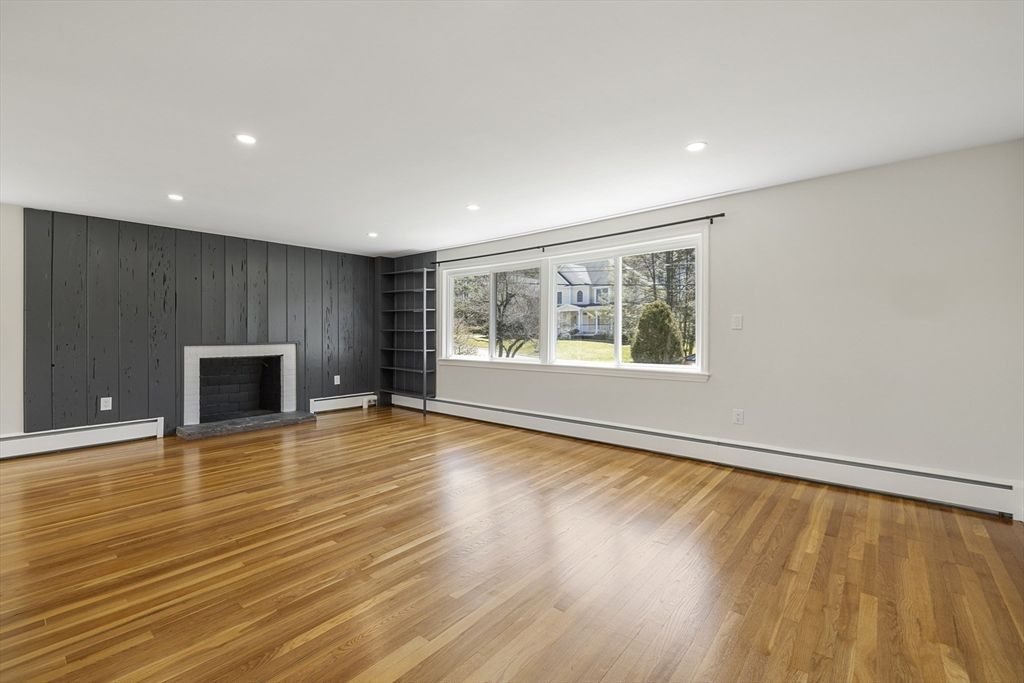 Empty room, Fireplace, Interior, Recessed Lighting, Wood Texture Flooring