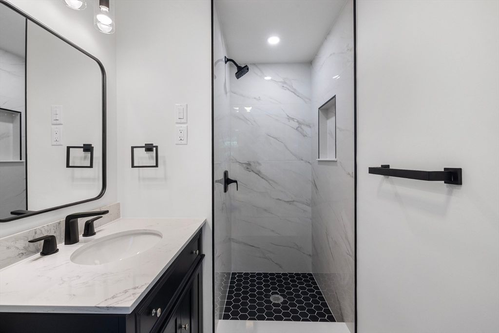 Bathroom, Glass Shower, Interior, Marble Walls, Recessed Lighting