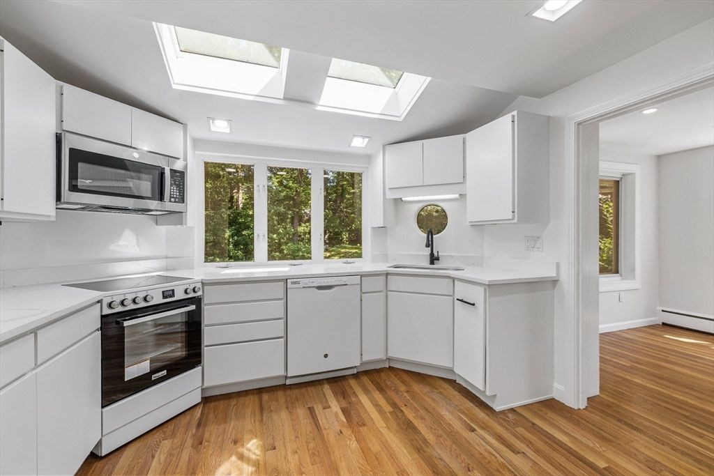 Glass Ceilings, Interior, Kitchen, Recessed Lighting, Stainless Steel Appliances, Wood Texture Flooring