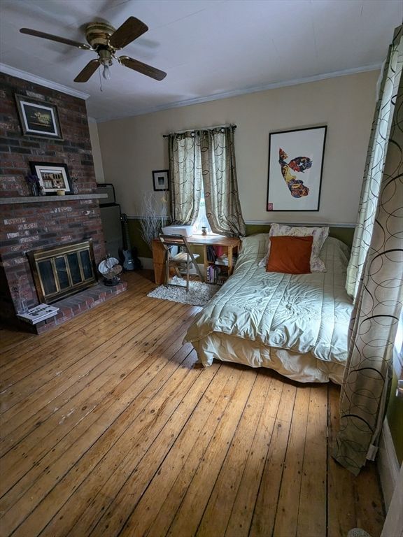 Bedroom, Fireplace, Interior, Stone Walls, Wood Texture Flooring