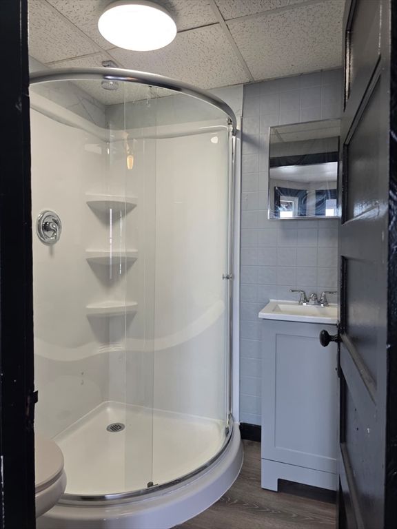 Bathroom, Glass Shower, Interior, Wood Texture Flooring
