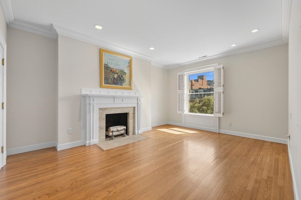 Empty room, Fireplace, Interior, Recessed Lighting, Wood Texture Flooring