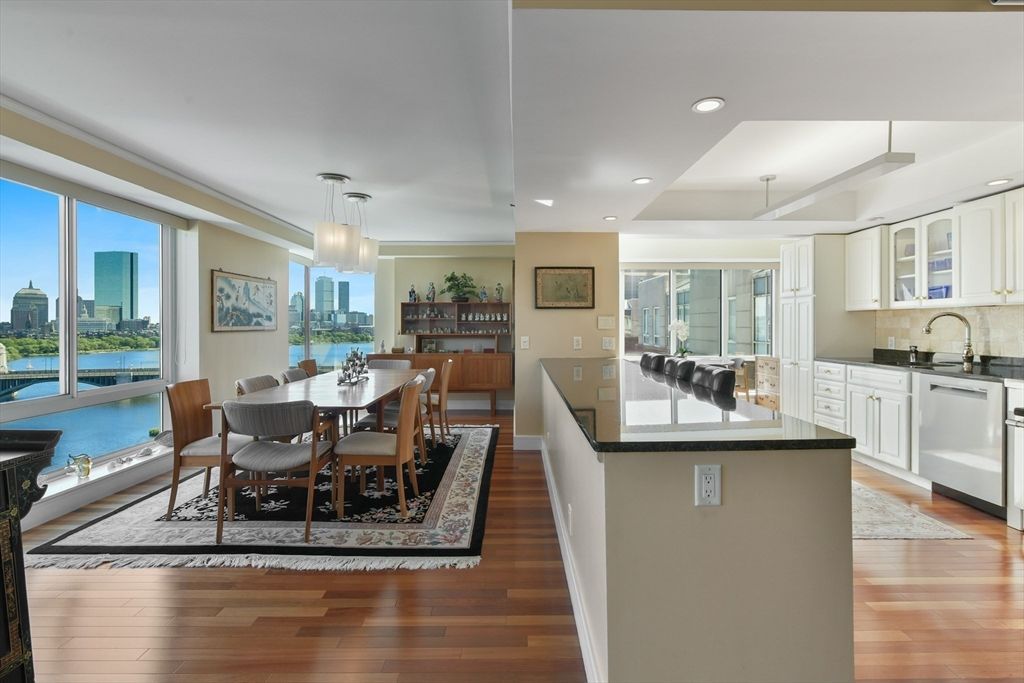 Dining room, Interior, Kitchen, Pendant Lights, Recessed Lighting, Water, Wood Texture Flooring