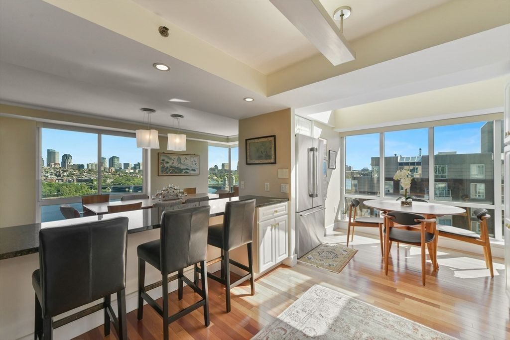 Dining room, Interior, Pendant Lights, Recessed Lighting, Wood Texture Flooring