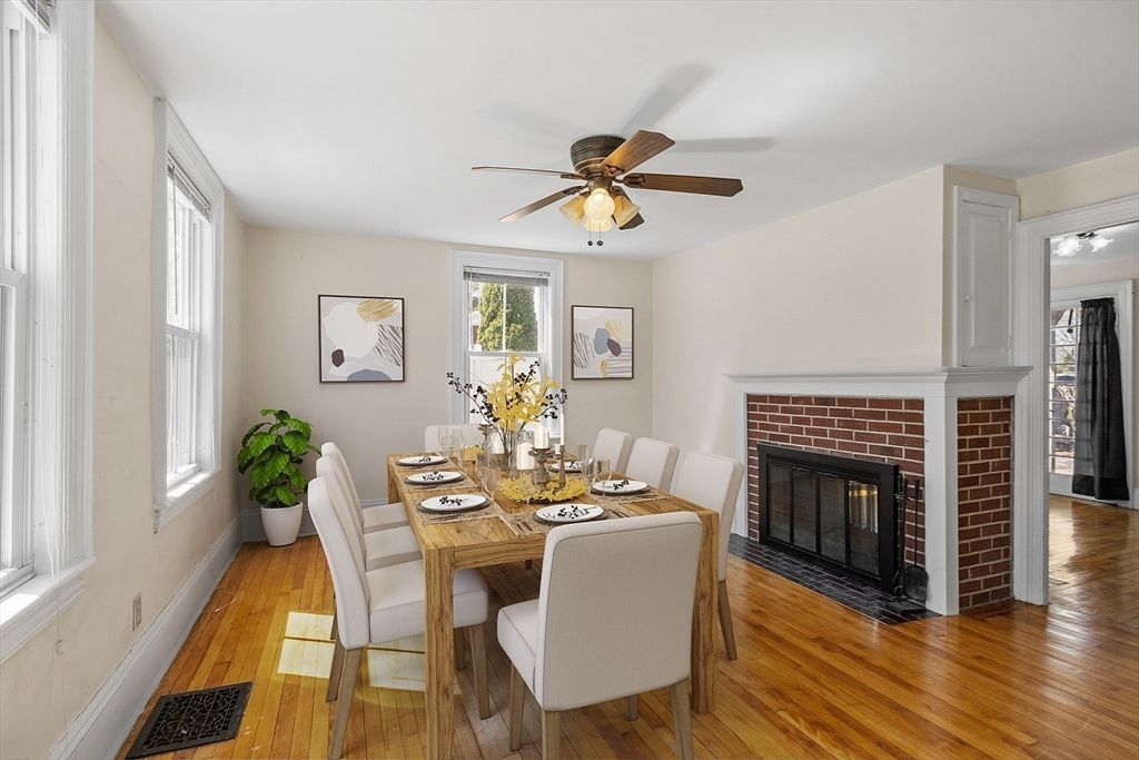 Dining room, Fireplace, Interior, Wood Texture Flooring
