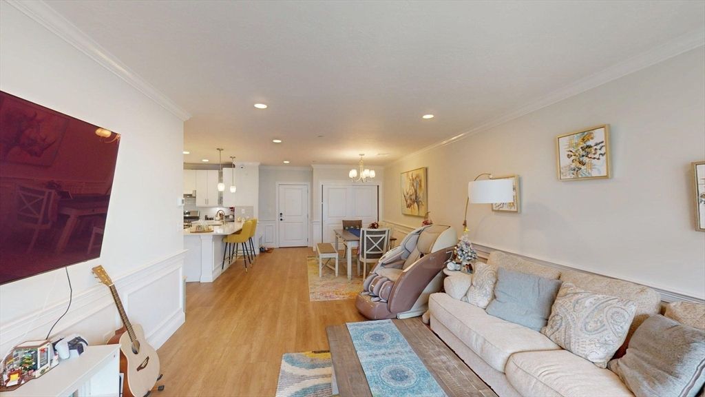 Chandelier, Dining room, Interior, Kitchen, Living room, Pendant Lights, Recessed Lighting, Wood Texture Flooring