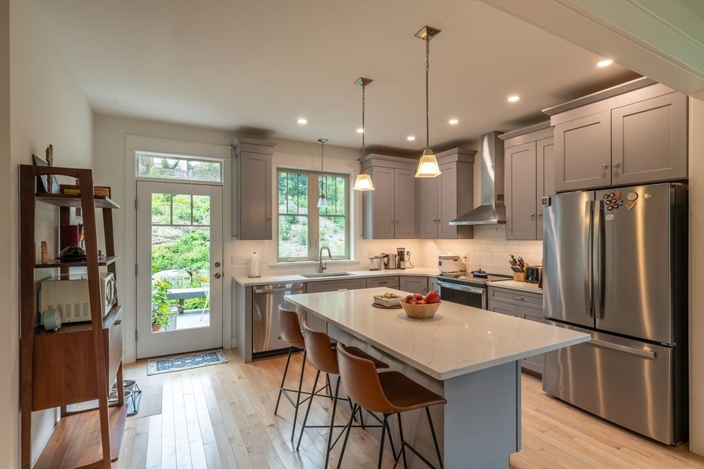 Interior, Kitchen, Pendant Lights, Recessed Lighting, Stainless Steel Appliances, Wood Texture Flooring