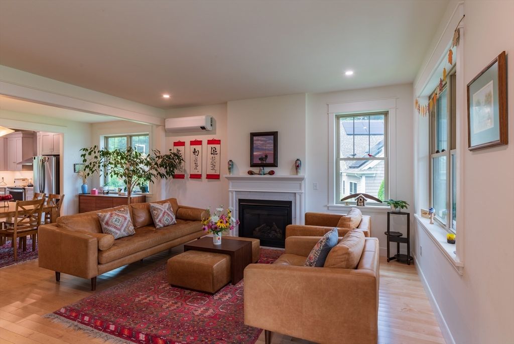 Dining room, Fireplace, Interior, Kitchen, Living room, Recessed Lighting, Wood Texture Flooring