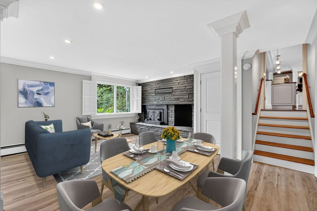 Dining room, Fireplace, Interior, Living room, Pendant Lights, Recessed Lighting, Stone Walls, Wood Texture Flooring