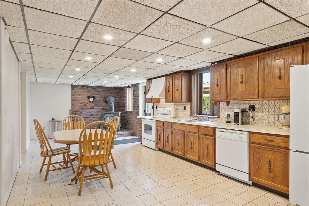 Dining room, Fireplace, Interior, Kitchen, Recessed Lighting, Stone Walls