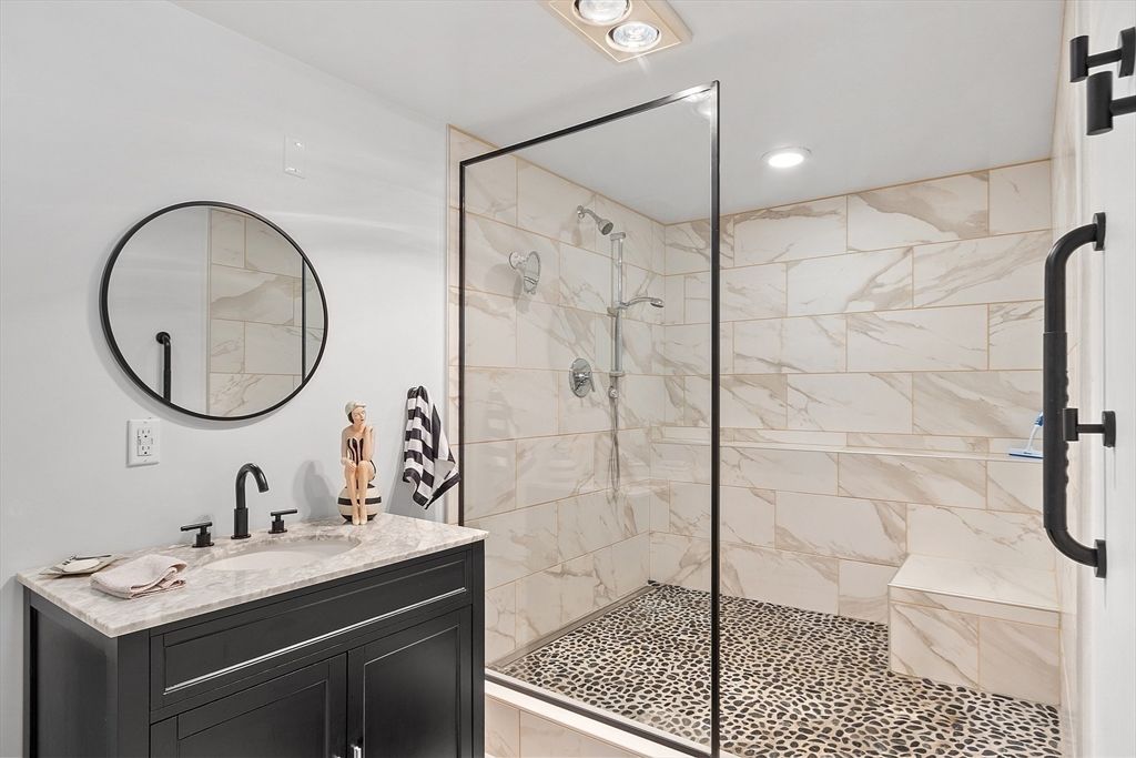 Bathroom, Glass Shower, Interior, Marble Walls, Recessed Lighting