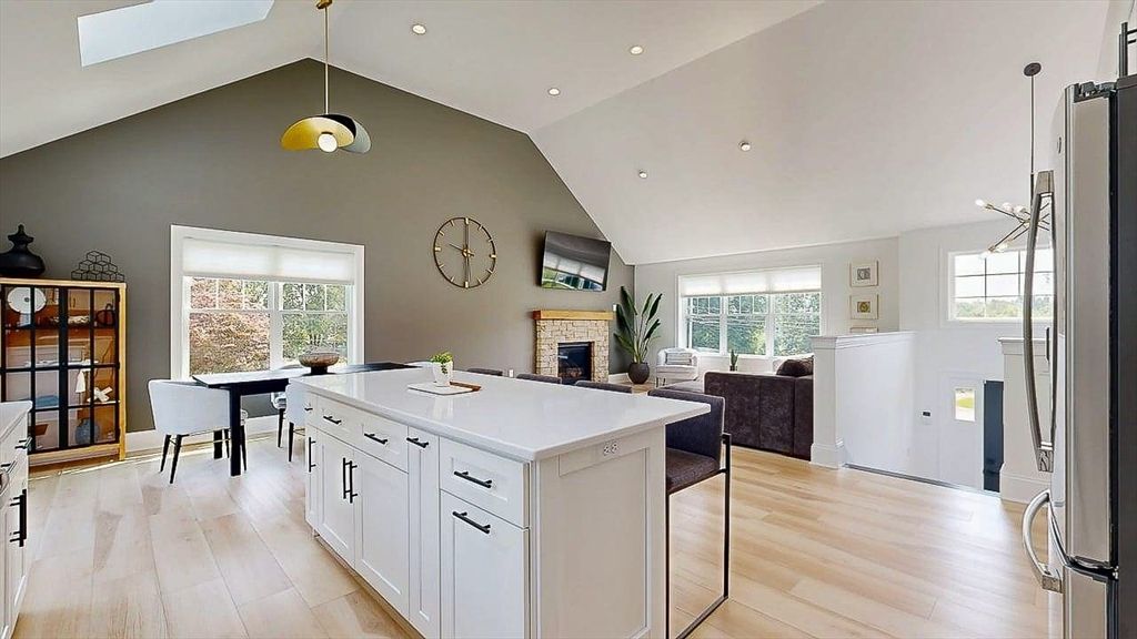Dining room, Fireplace, Interior, Kitchen, Living room, Pendant Lights, Recessed Lighting, Wood Texture Flooring