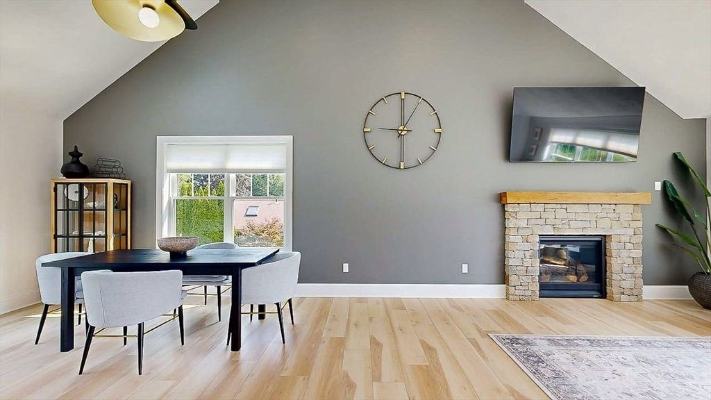 Dining room, Fireplace, Interior, Wood Texture Flooring