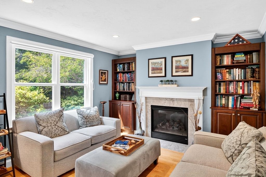 Fireplace, Interior, Living room, Recessed Lighting, Wood Texture Flooring