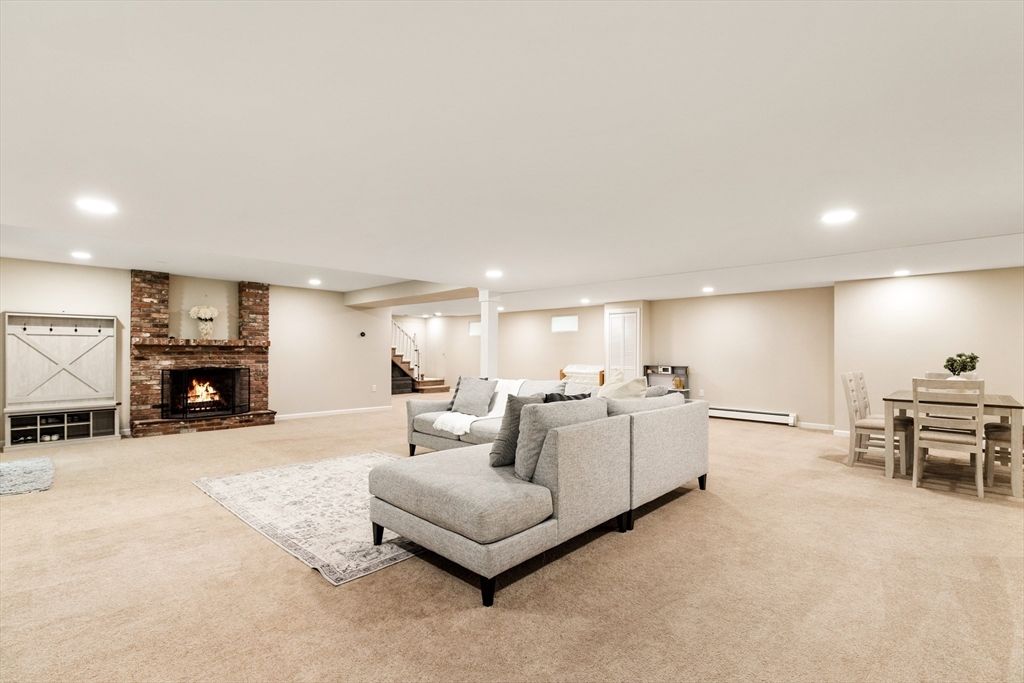 Dining room, Fireplace, Interior, Living room, Recessed Lighting, Stone Walls
