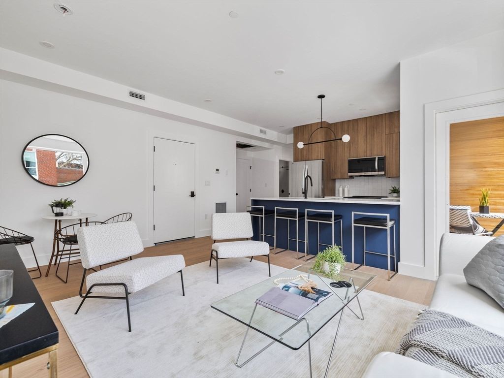 Dining room, Interior, Kitchen, Living room, Pendant Lights, Stainless Steel Appliances, Wood Texture Flooring