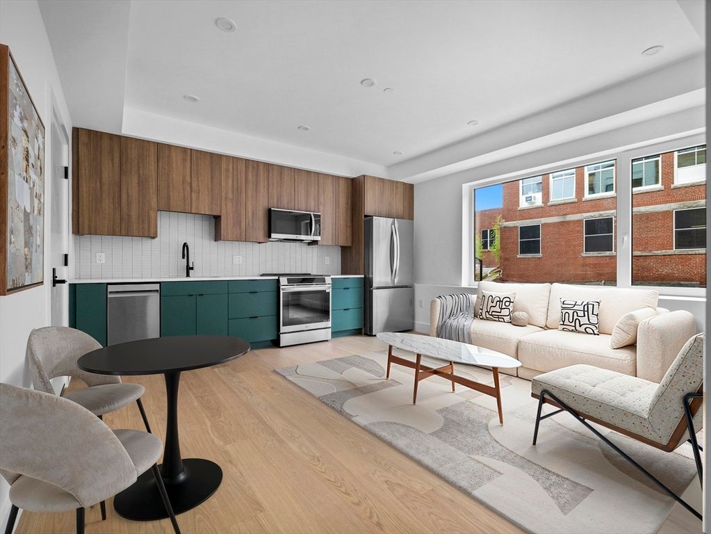 Interior, Kitchen, Living room, Recessed Lighting, Stainless Steel Appliances, Wood Texture Flooring