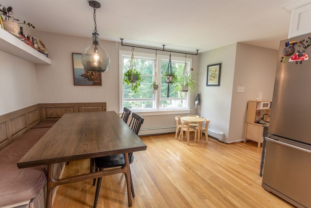 Dining room, Interior, Pendant Lights, Wood Texture Flooring