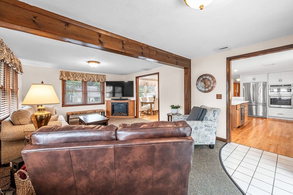 Fireplace, Interior, Kitchen, Living room, Stainless Steel Appliances, Wood Texture Flooring