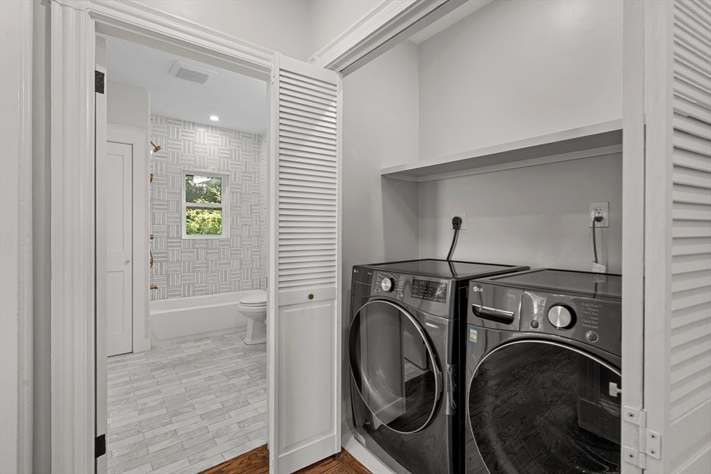 Bathroom, Interior, Recessed Lighting, Utility Closets, Washer, Wood Texture Flooring