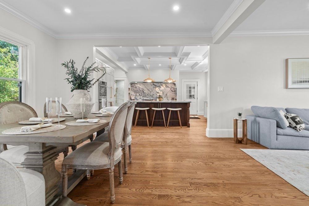 Dining room, Interior, Recessed Lighting, Wood Texture Flooring