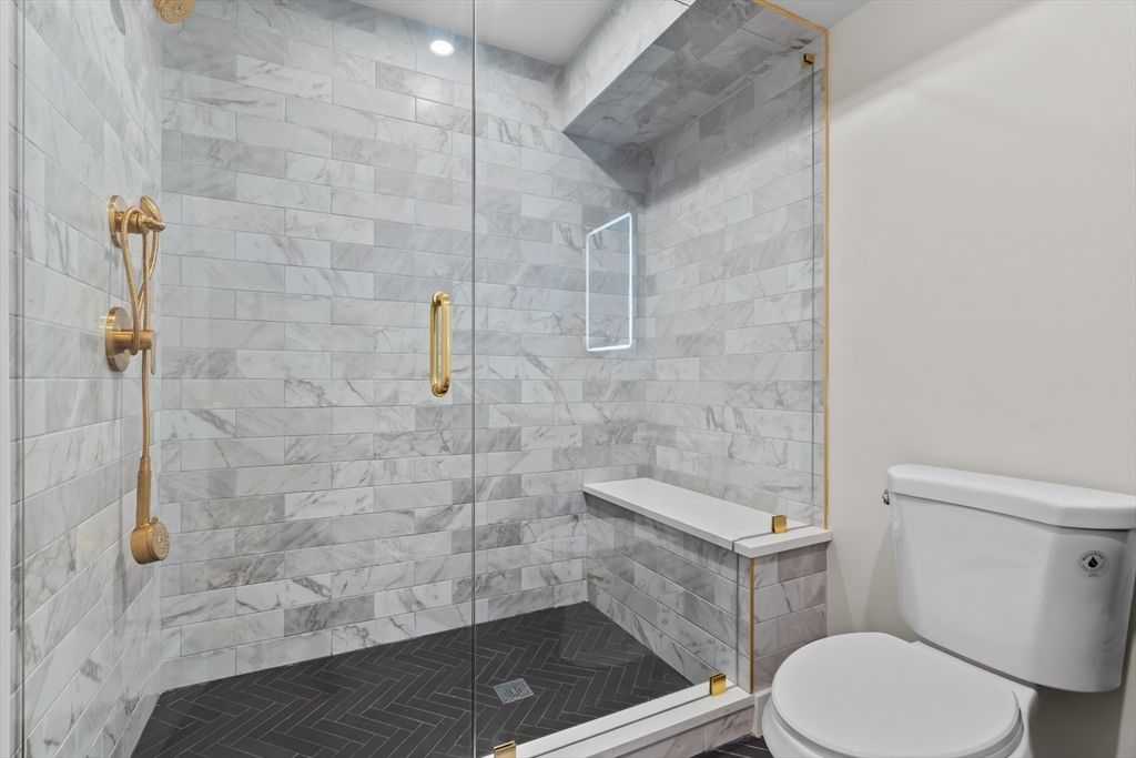 Bathroom, Glass Shower, Interior, Marble Walls, Recessed Lighting