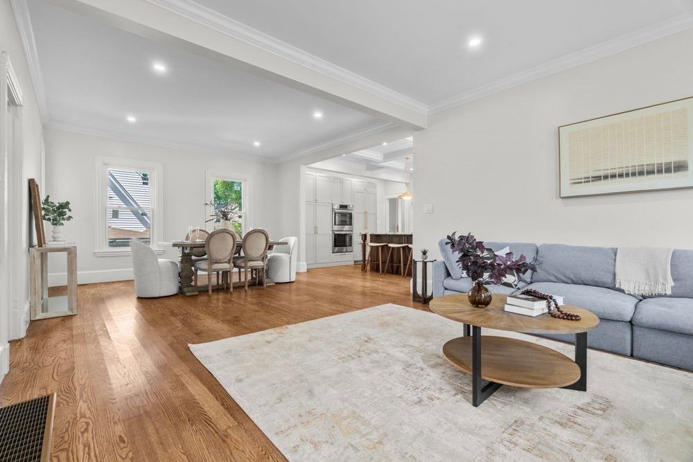 Dining room, Interior, Kitchen, Living room, Recessed Lighting, Stainless Steel Appliances, Wood Texture Flooring