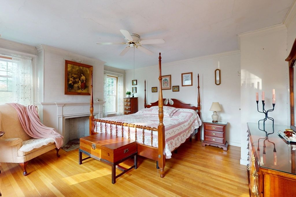 Bedroom, Fireplace, Interior, Wood Texture Flooring