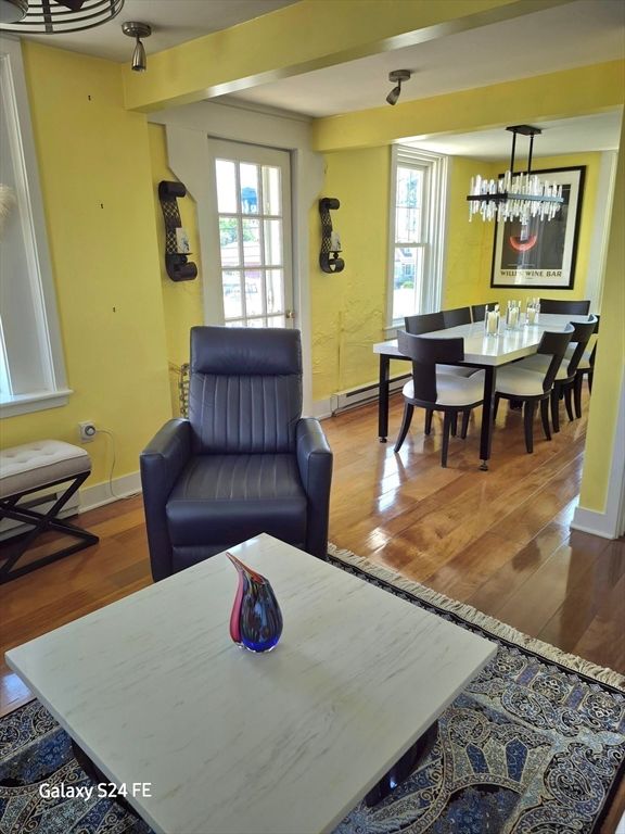 Chandelier, Dining room, Interior, Wood Texture Flooring