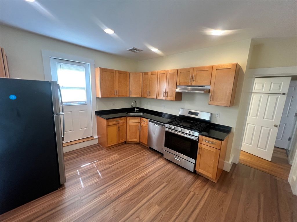 Interior, Kitchen, Recessed Lighting, Stainless Steel Appliances, Wood Texture Flooring