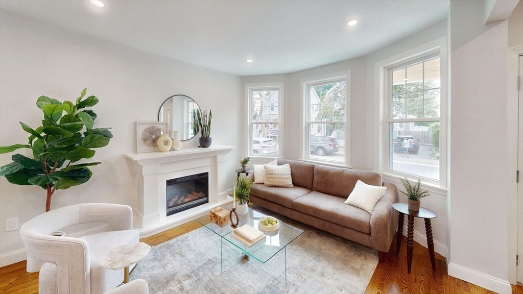 Fireplace, Interior, Living room, Recessed Lighting, Wood Texture Flooring