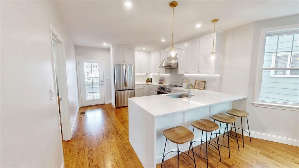 Interior, Kitchen, Pendant Lights, Recessed Lighting, Stainless Steel Appliances, Wood Texture Flooring