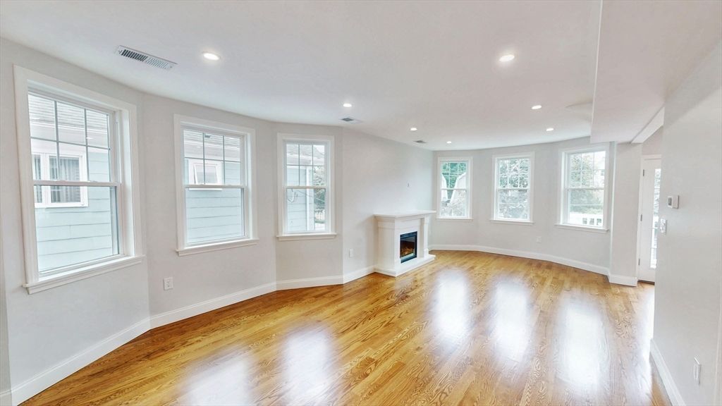 Empty room, Fireplace, Interior, Recessed Lighting, Wood Texture Flooring