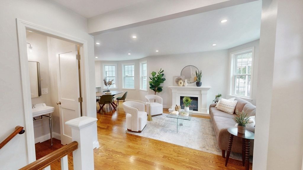 Dining room, Fireplace, Interior, Living room, Recessed Lighting, Wood Texture Flooring