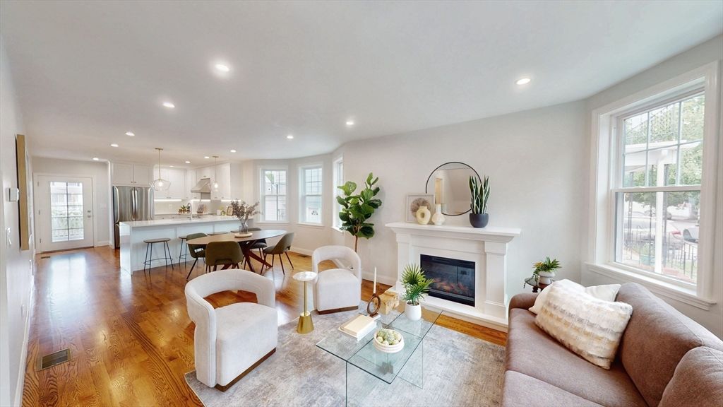 Dining room, Fireplace, Interior, Kitchen, Living room, Pendant Lights, Recessed Lighting, Wood Texture Flooring