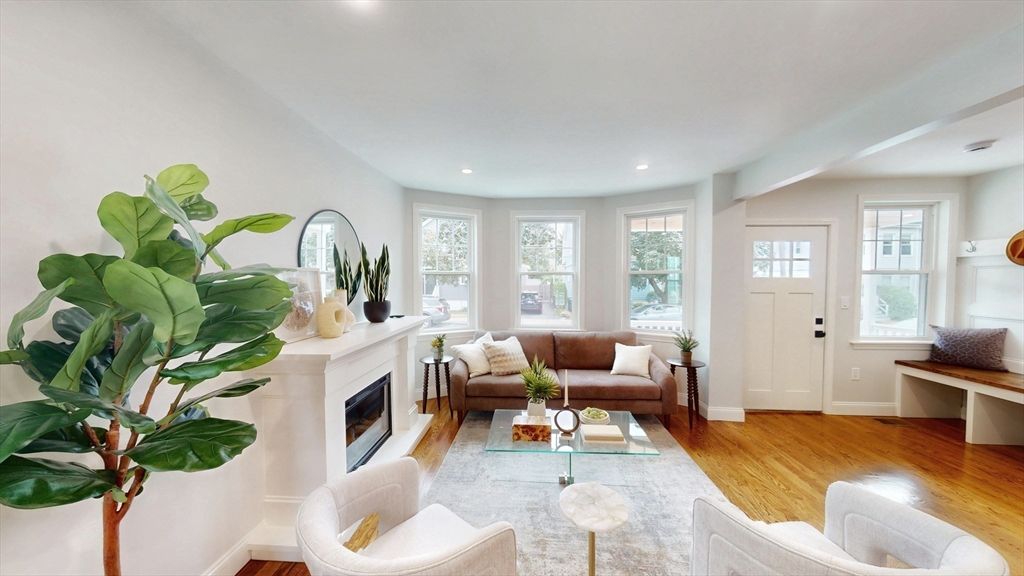 Fireplace, Interior, Living room, Recessed Lighting, Wood Texture Flooring