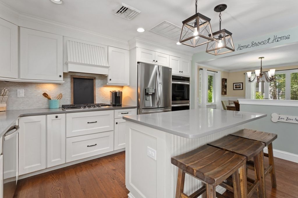 Chandelier, Interior, Kitchen, Pendant Lights, Recessed Lighting, Stainless Steel Appliances, Wood Texture Flooring